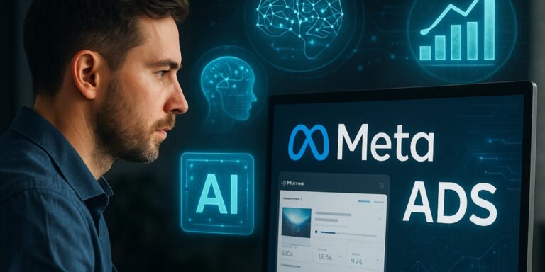 Homem analisando anúncios da Meta com inteligência artificial em tela, representando a automação de campanhas com IA